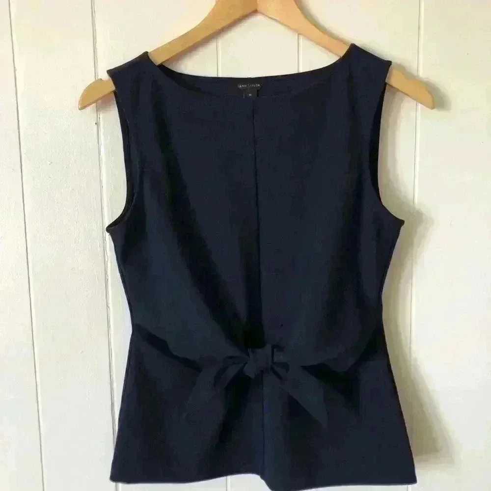 Ann Taylor Sleeveless Front Tie Decor Navy Polyester Top Blouse Size XS
